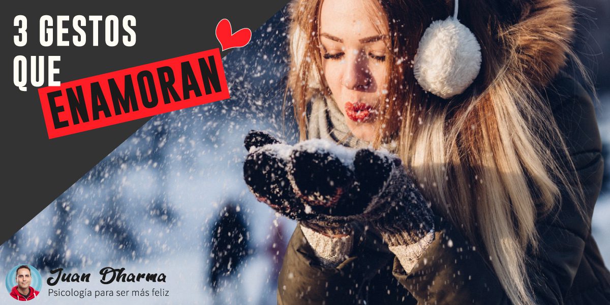 Mujer soplando nieve junto al texto: "3 gestos que enamoran"