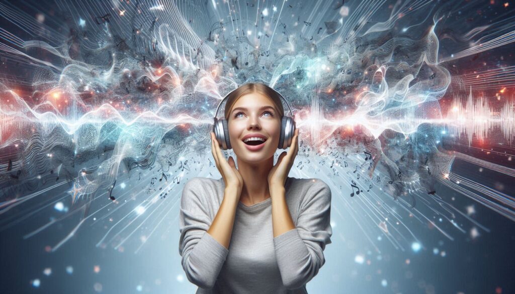 Una persona escuchando unos auriculares de los que salen ondas de sonido