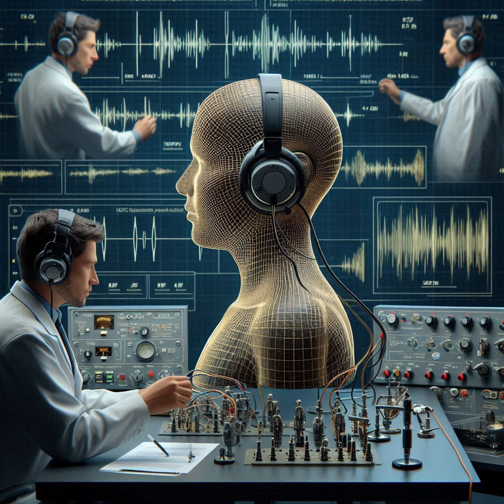 Representación imaginativa de como se investiga el sonido hrtf para crear el audio en 8d